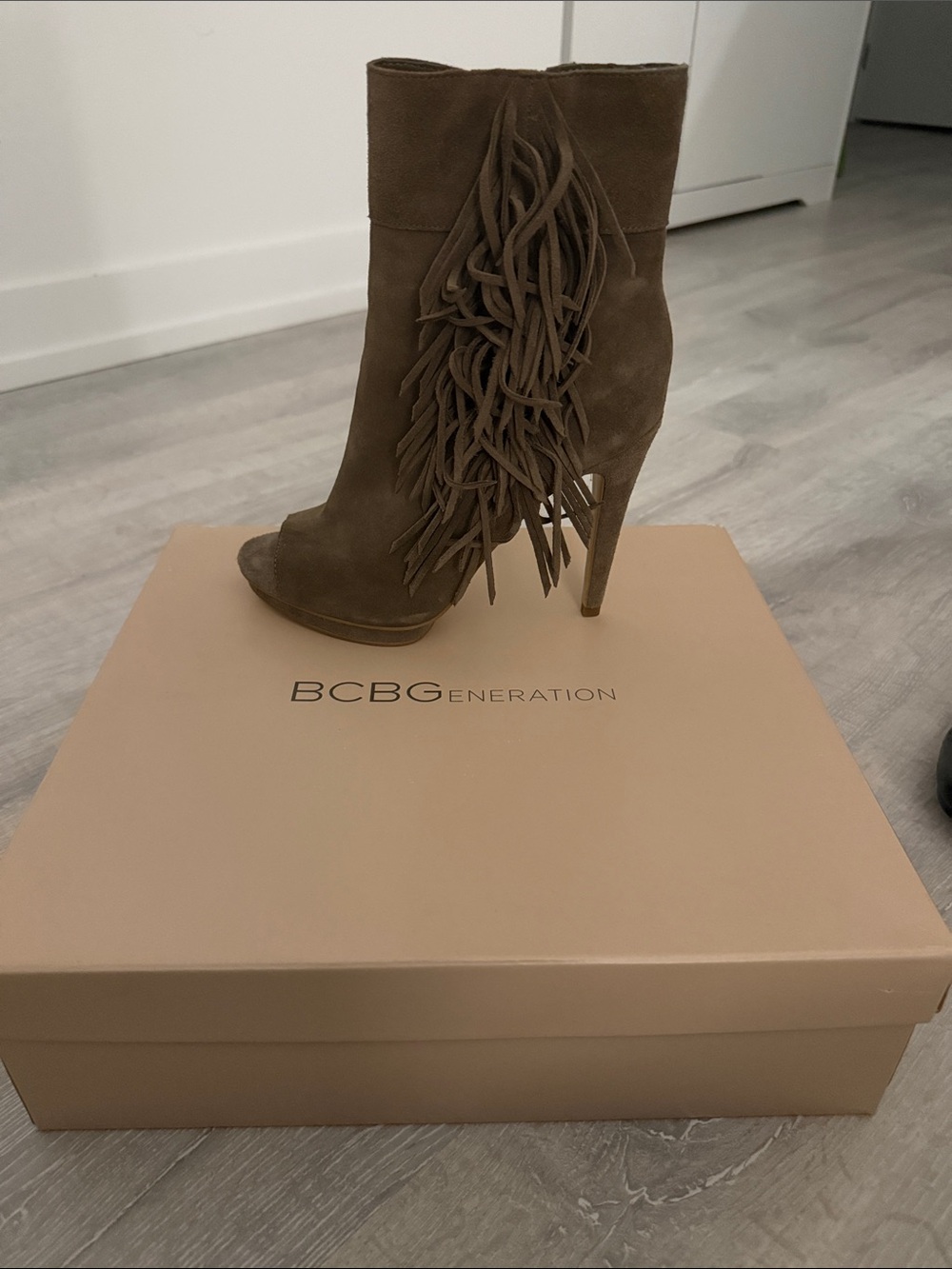 BCBGeneration Women's Green Suede Fringe Peep-Toe Bootie